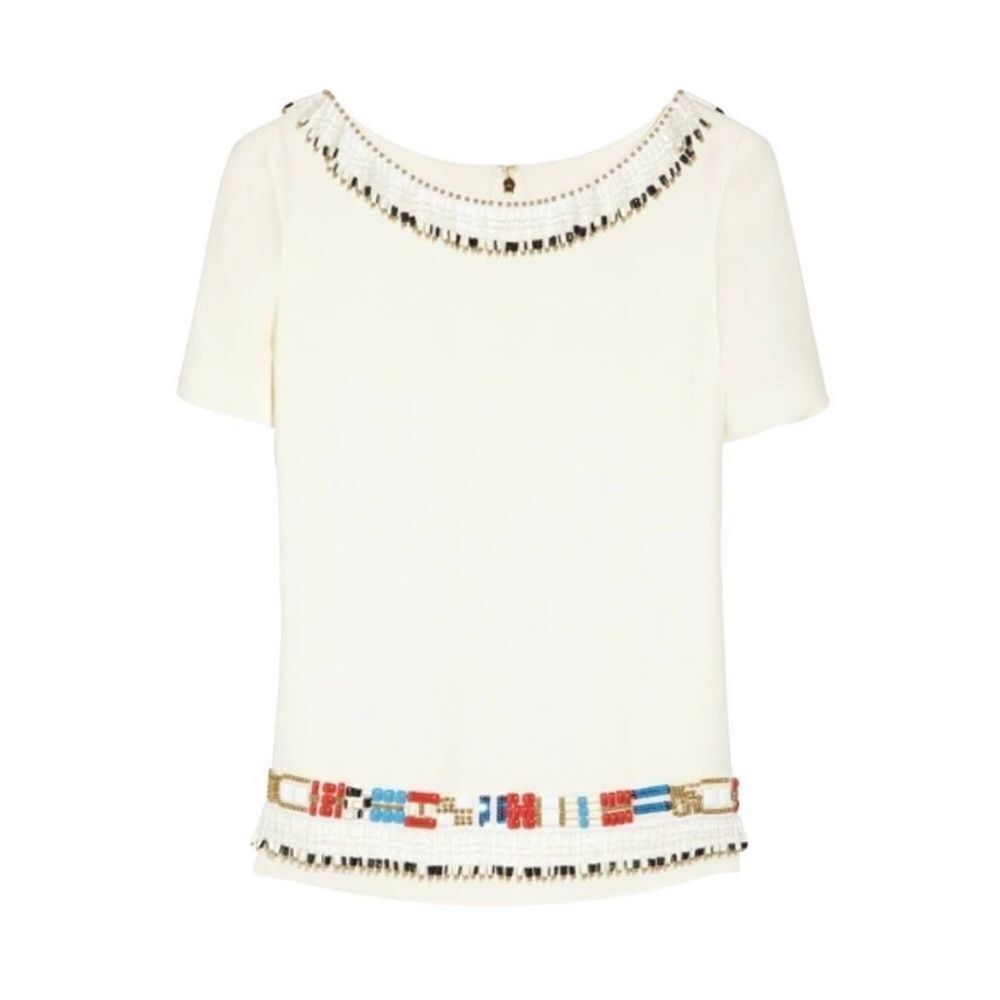 Tory Burch Jace cream blouse with multicolored beads western Aztec vintage Size4 - Picture 7 of 14